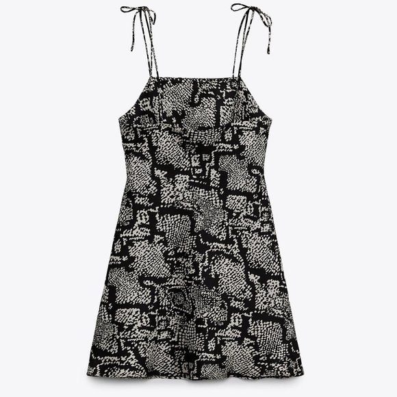 NEW Zara Silky Adjustable Tie Straps Straight Neck Printed Mini Dress Black L - Picture 7 of 9